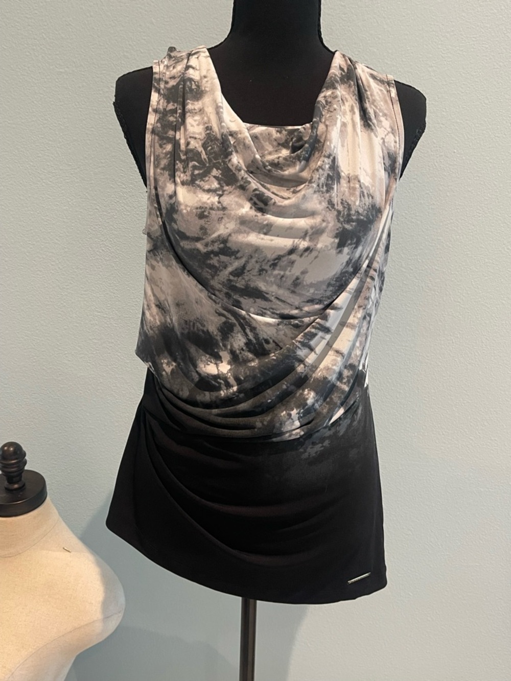 Halston Heritage Black and Gray Draped Cowl Neck Tank